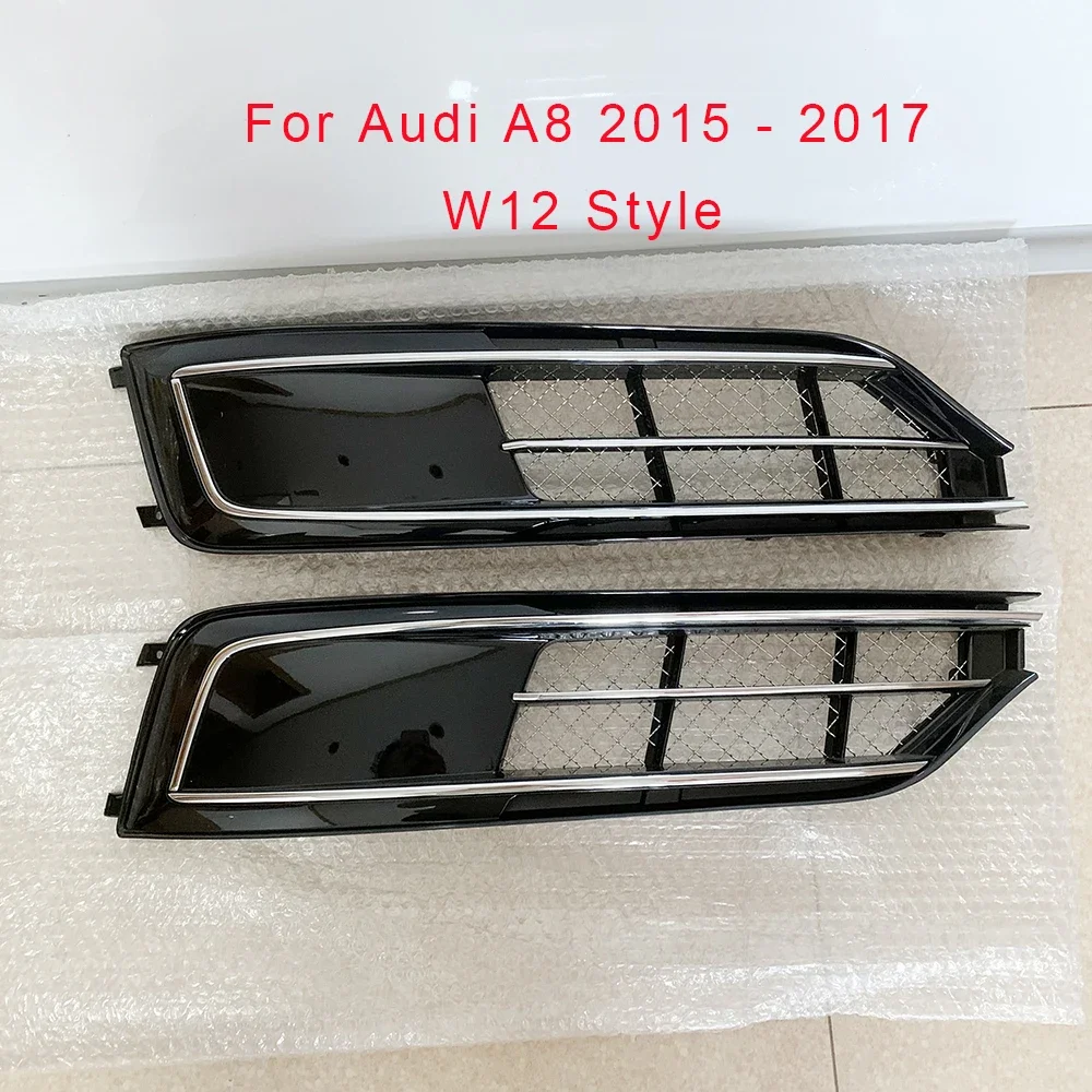 2 PCS Left & Right Car Front Bumper Hole Grills Fog Lamp Grills ABS Chrome Line Fits For Audi A8 2015 2016 2017 W12 Style