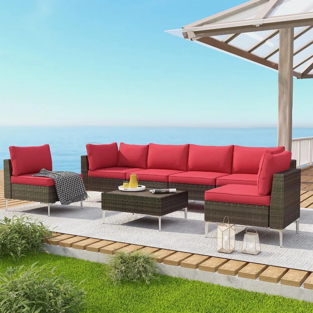 

Patio Furniture Set,7 Pieces Outdoor Sectional Sofa PE Rattan Wicker Patio Conversation Set, w/Wood Plastic Composites Table