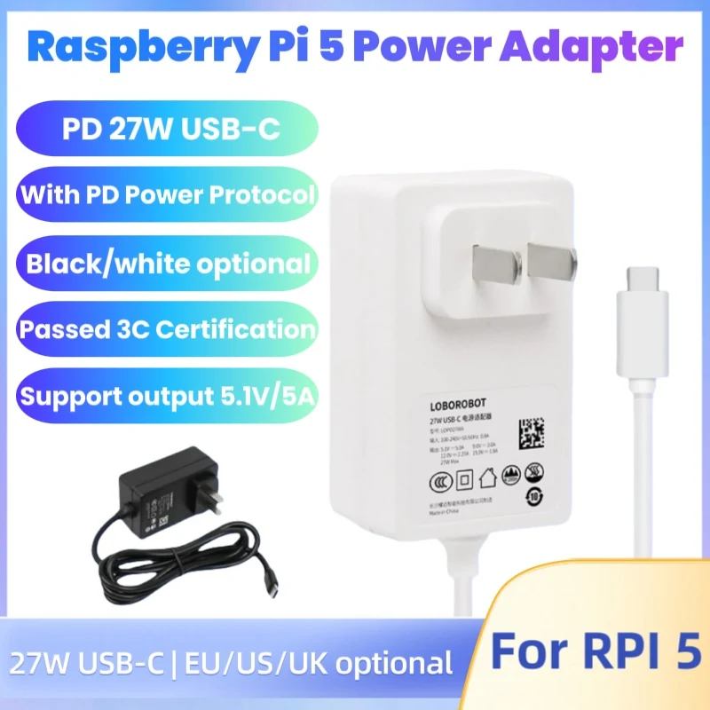 Raspberry Pi 5 Power Adapter PD 27W 5.1V 5A USB-C Power Supply EU/US/UK Plug Charger for RPI 5