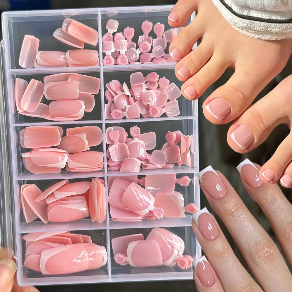 120 Stück kurze, quadratische, künstliche Zehennägel, rosa, französisches weiches Gel, zum Aufdrücken von Zehennägeln, weißer Rand, künstliche Zehennägel, vollständige Abdeckung, Zehennagelspitze