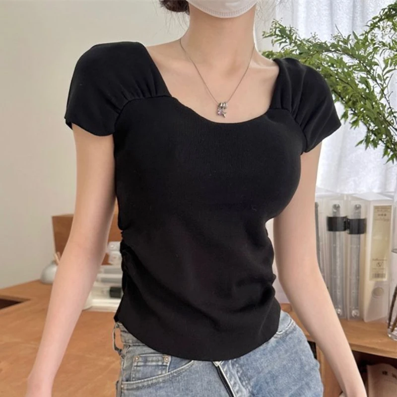 Square Collar T-shirts Women Clothing Knitted Elegant Office Lady Screw Thread Aesthetic Simple Tender Minority Vintage Basics