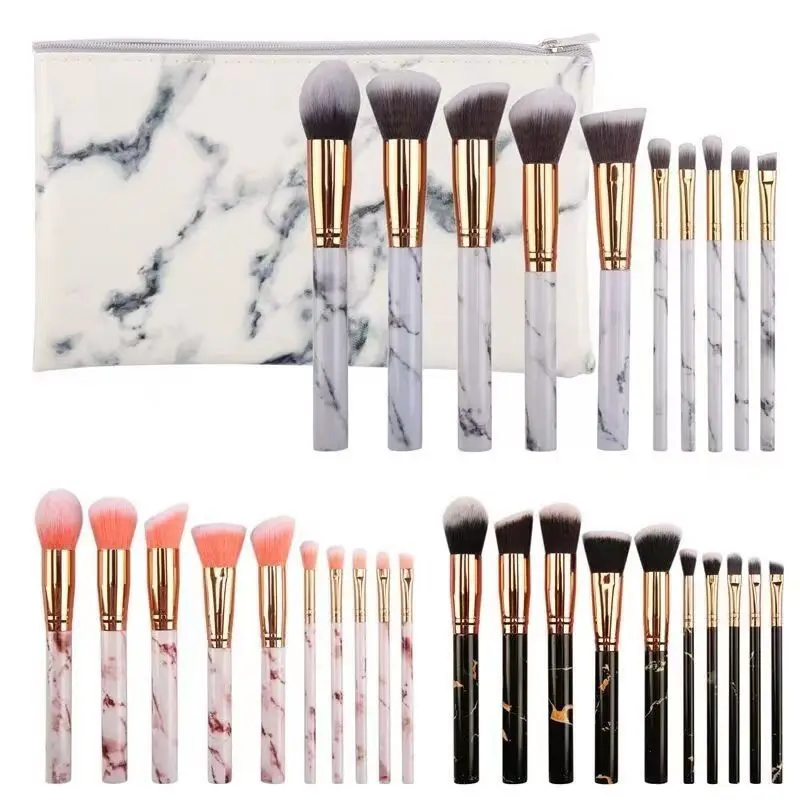 50Sets 10Pcs/Set  Marble Makeup Brushes Premium Synthetic Kabuki Foundation Blending Face Powder Blush Concealers Eye Shadows