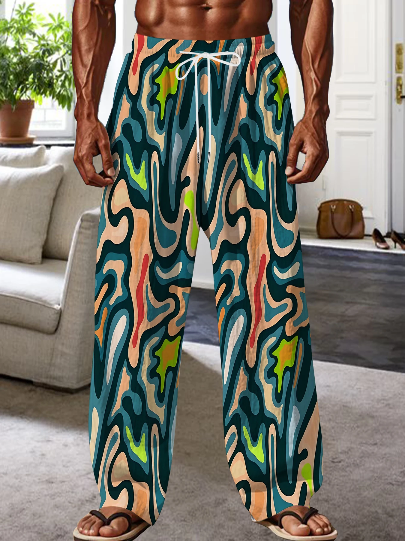 

2026 Men's Printed Straight Leg Pants Abstract Wave Pattern Drawstring Waist Loose Fit Summer Beach Casual Lightweight Pants
