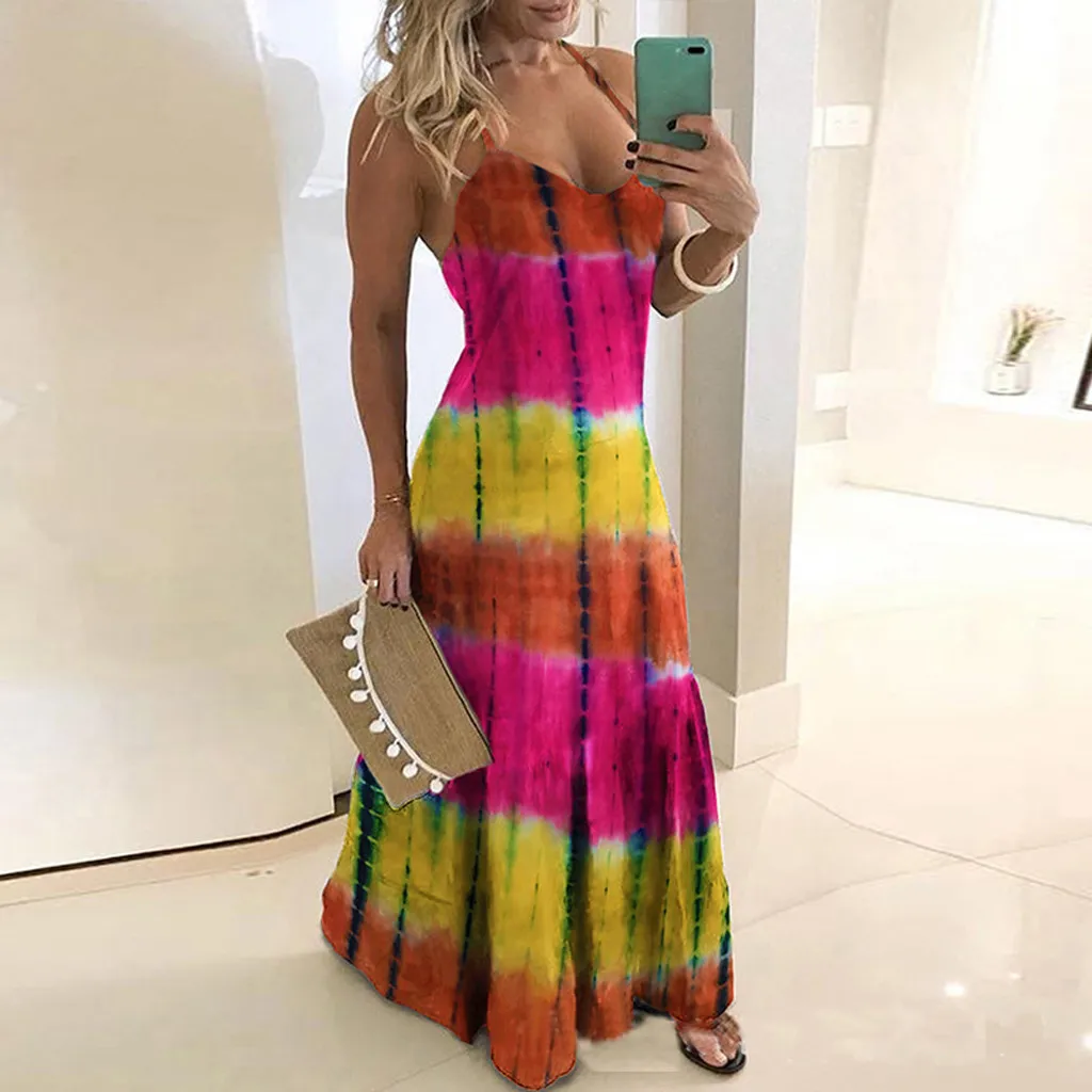 Fashion Women\'S Sexy Patchwork Tie-Dyed Print Loose Sleeveless Long Slip Dress Wrap Dresses For Women Summer Casual Clothing