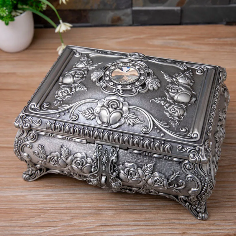 Supper Large 2Layers Antique Petwer/ Bronze Metal Jewelry Box Tin Storage Box Organizer Makeup