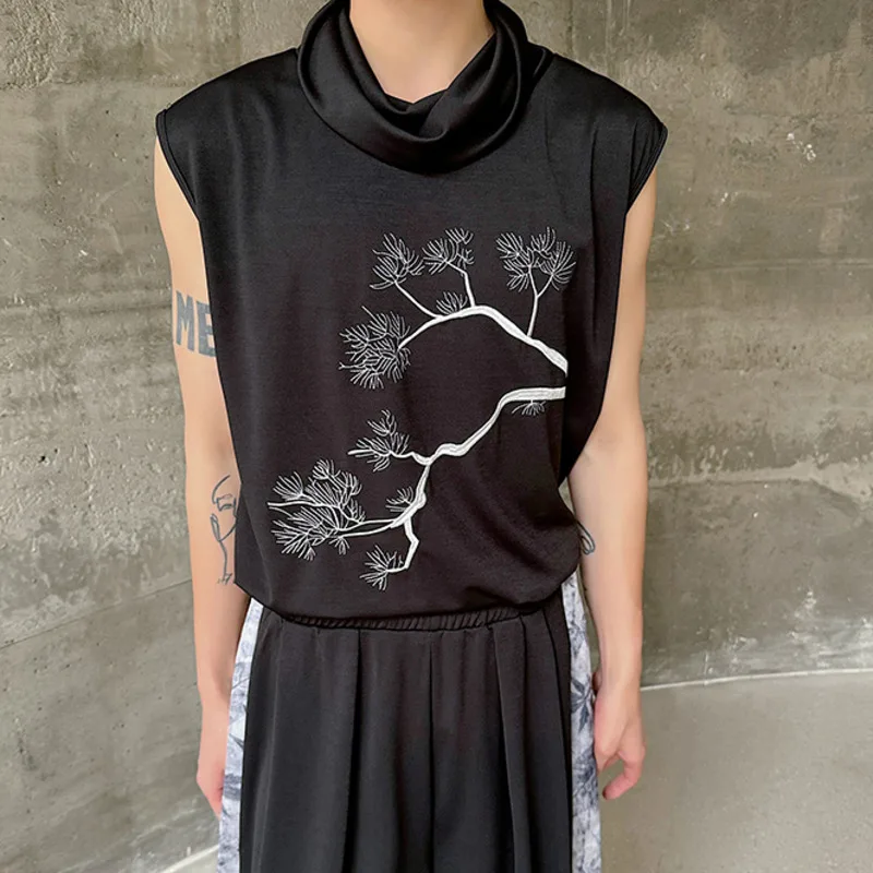 

2024 Summer Embroidery Sleeveless Tank Top Personalized New Chinese Style Turtleneck Tops Men Clothing Vests