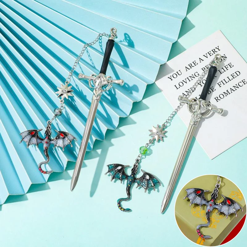 1Pc Sword-shaped Model Metal Bookmark With Double-winged Dragon Pendant Book Lovers Reading Accessories Birthday Gift