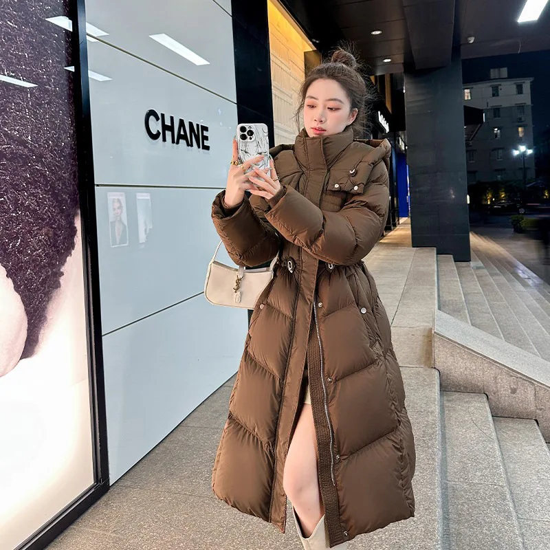 

Winter Stand Collar Hooded Long Down Long Sleeves Oversized Cotton Jacket 90 White Duck Down Snowwear Padded Coat JJ608