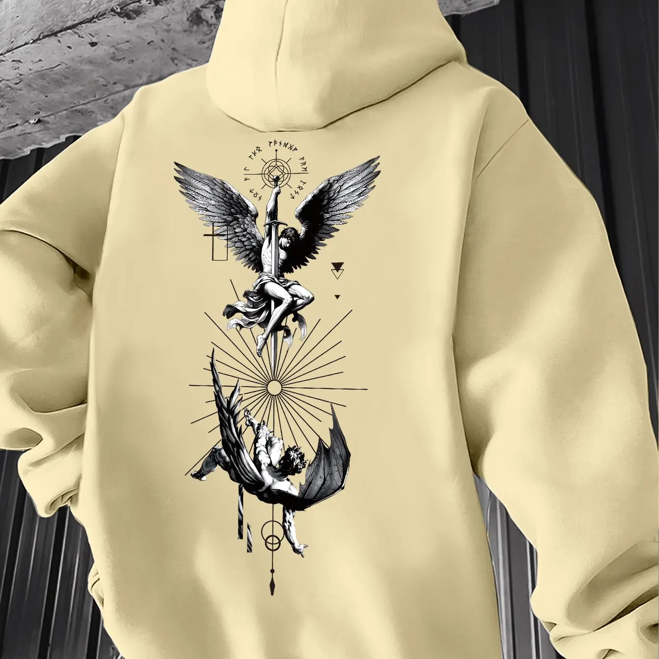 Herren St. Michael Erzengel Kapuzenpullover Gothic Engel Grafik Vintage Dark Art Rückendruck Übergroßer Streetwear Herbst Winter – Detail 6