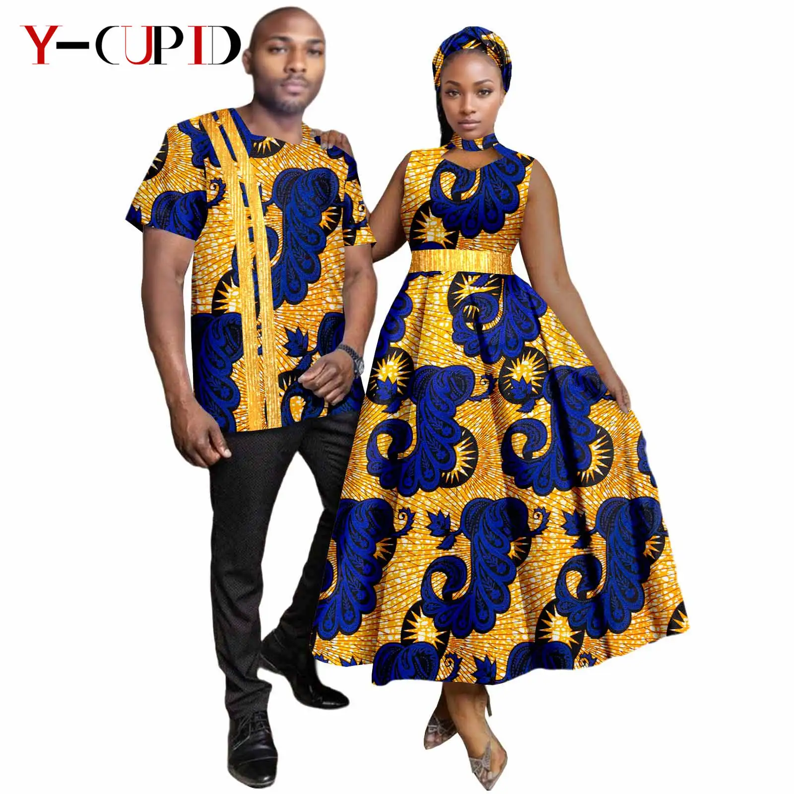 African Print Dresses for Women Matching Headwrap Couple Clothes Men Outfits Top and Pant Sets Dashiki Princess Vestidos 25C024