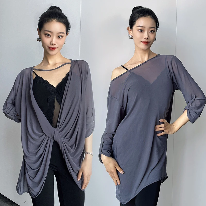 tenue-d'entrainement-de-danse-latine-pour-adultes-haut-d'entrainement-gris-pour-femmes-maille-ample-smock-latin-tango-cha-cha-rumba-vetements-de-danse-en-ligne-vbh2167
