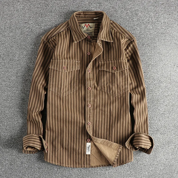 Striped Shirt Men Vintage Spliced Cardigan Coat Turn Down Collar Single Breasted Casual Shirts Long Sleeve Autumn 2025