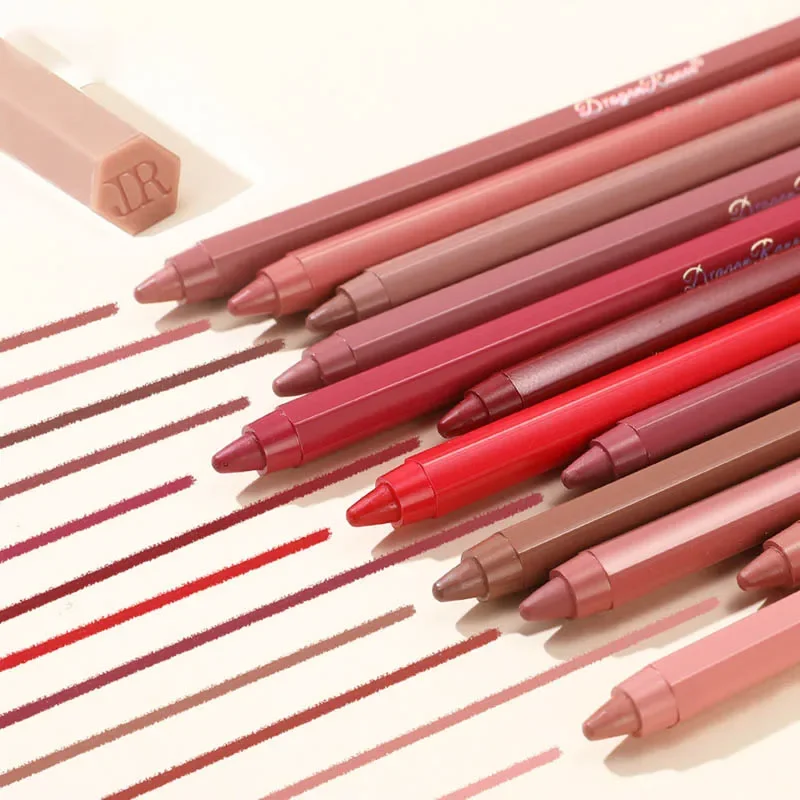 Lápis delineador labial de 12 cores, fosco, vermelho, marrom, plumping, duradouro, à prova d'água, batom fino, contorno labial fino, maquiagem