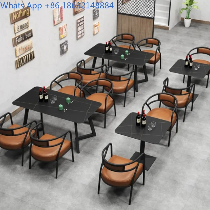 Retro Industrial Style Dining Milk Tea Shop Cafe Music Restaurant Bar BBQ Rock Plate Dining Table and Chair Set