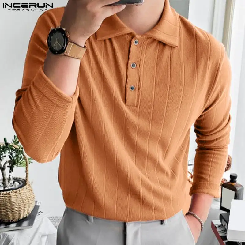 

Fashion Casual Style Tops INCERUN New Men Knitting Solid All-match Blouse Simple Comfortable Male Long Sleeve Lapel Shirts S-5XL