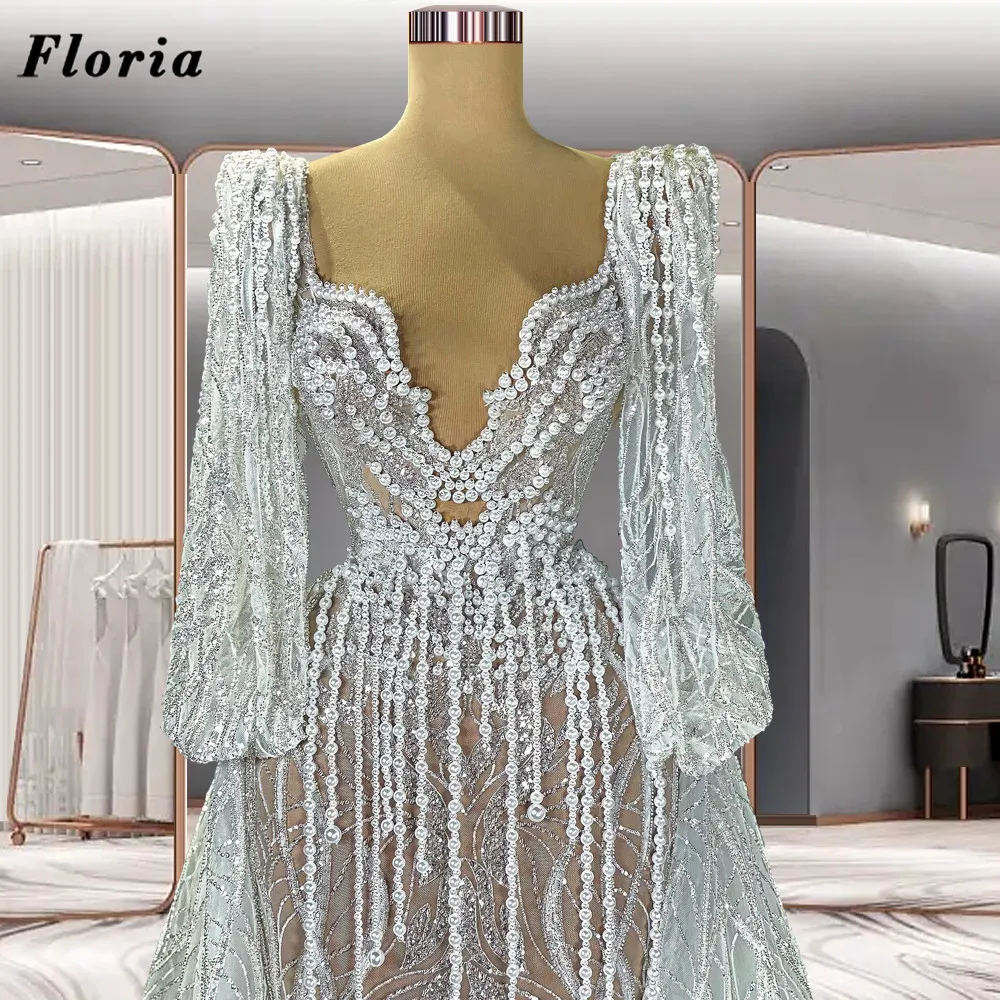 

Luxury Long Sleeves Evening Dresses Custom Made Pearls A Line Women Celebrity Dress Arabic Dubai Sequins Pageant Party Night