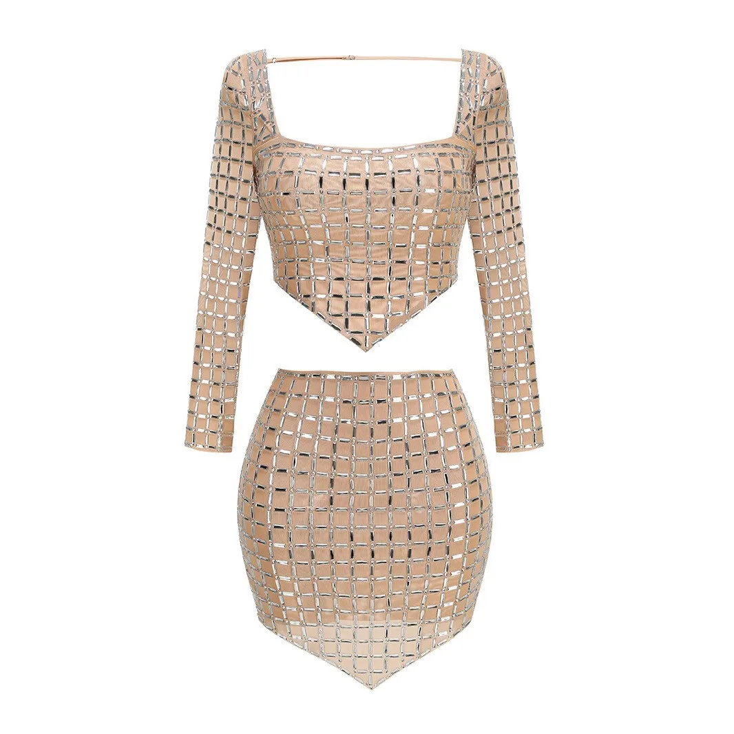 Sexy funkelnder Diamant-Ter-Rock, heißer Sommer, 2-teiliges Set, hohe Taille, A-Linie, Dr. Polyesterstoff, lang, Sve Basic Sle