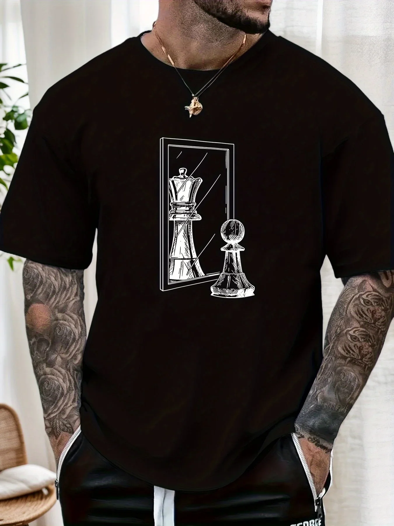 Art Aesthetic Male 100% Cotton T-shirt Creative Mirror Reflection Chess Sketch Print Skin Friendly Oversized Daily Basic Tops