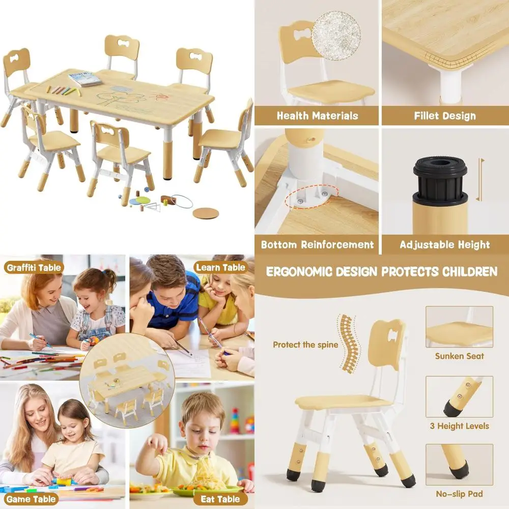 

Height-Adjustable Toddler Desk with 6 Chairs, Multi-Activity Table for Kids, Suitable for Classroom, Daycare, and Home, Ages 2-8