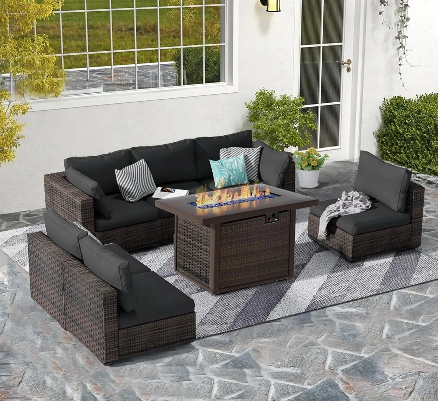 7 Piece Patio Furniture Set with Fire Pit Table, Rattan Outdoor Sectional Patio Conversation Sets with Seat Cushions