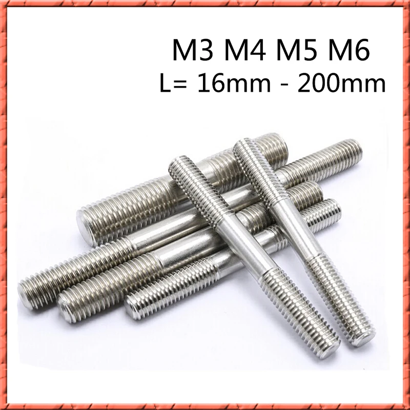 50pcs/lot SS304 M3/M4/M5/M6*16mm-200mm Double End Rods Threaded Bolts Stainless Steel Double Head Screw Non-standard Customized