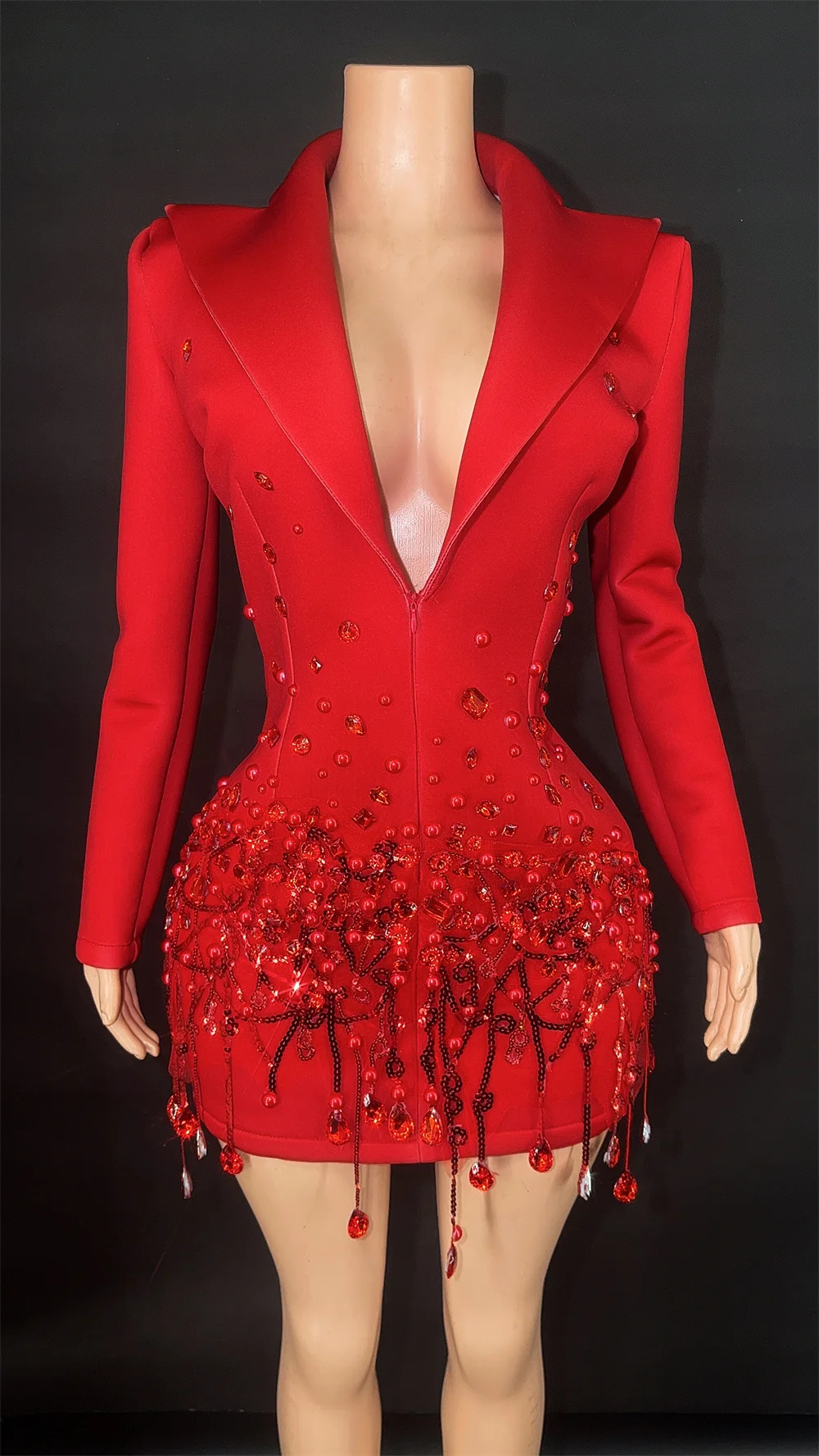 2025 New Sparkly Crystal Pearls Mini Dress Luxury Red Fashion Birthday Evening Party Nightclub Outfit Singer Stage Costume ﻿