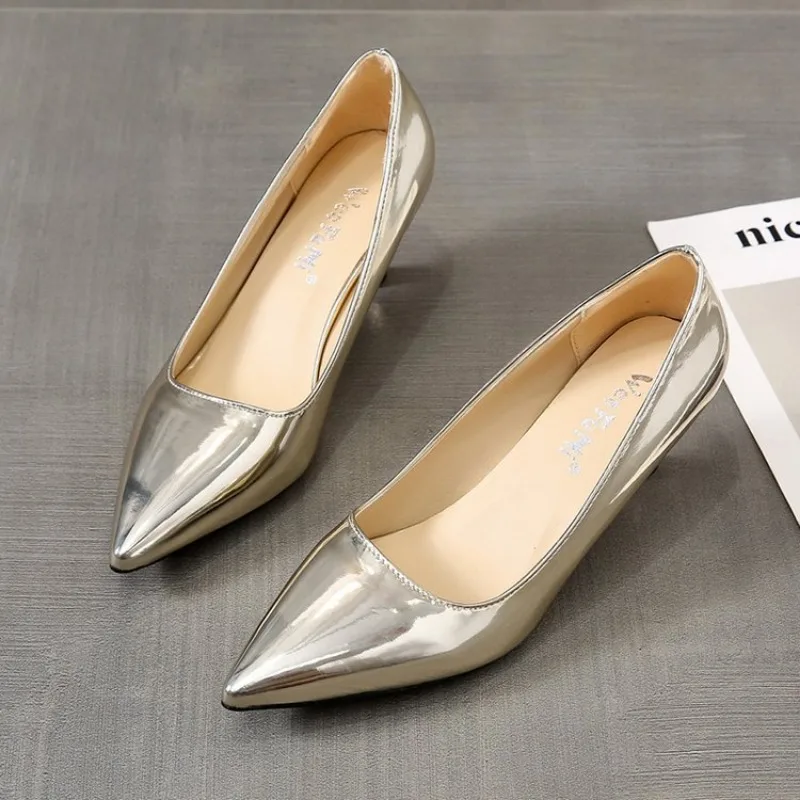 2024 Fashion Women Patent Leather High Heels Lady Pointe Toe Gold Silver Heels Pumps Female Wedding Bridal Shoes Plus Size 35-45