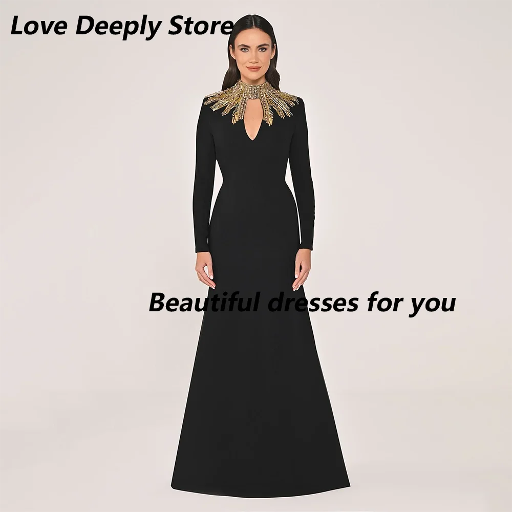 

Luxury Crystal Stone High Neck Evening Dress Customized Long Sleeve Mermaid Jersey Saudi Arab Prom Gown Formal Dresses