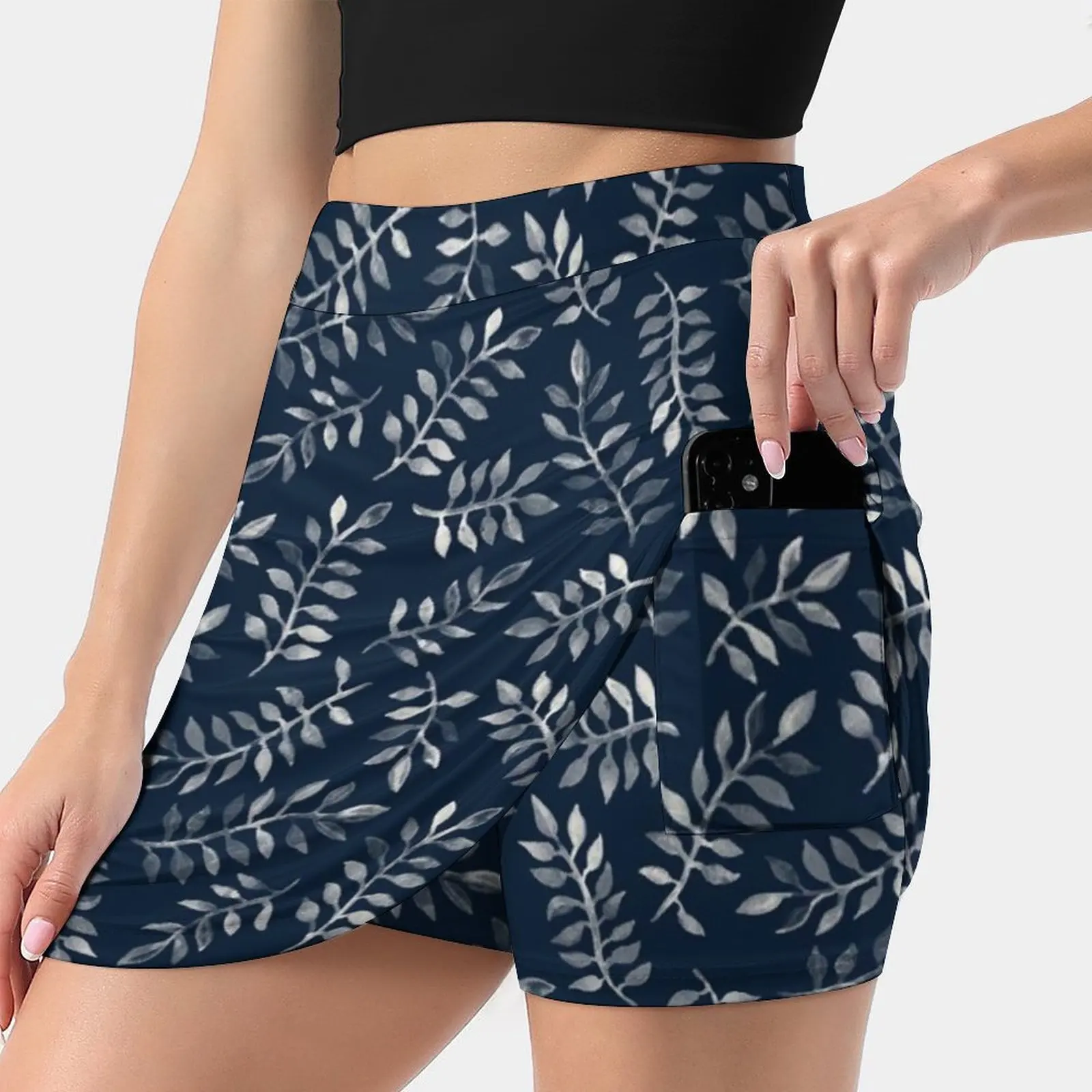 White Leaves On Navy-A Hand Painted Pattern Skirts Woman Fashion 2022 Pant Skirt Mini Skirts Office Short Skirt Micklyn Hand