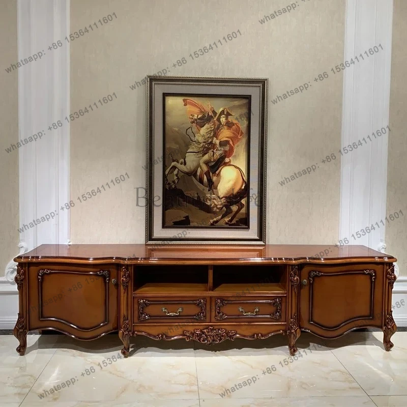 

European all solid wood TV cabinet luxury villa dark piano paint American carved living room cabinet
