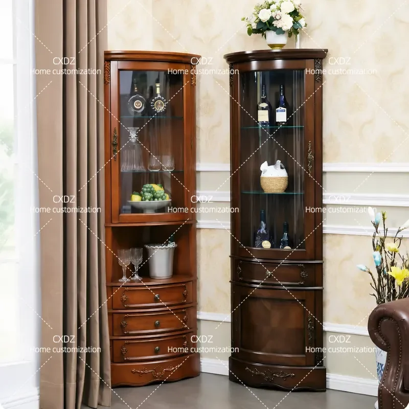 American Solid Wood Corner Cabinet Curved Triangle Wine Shelf Side Storage Unit for Restaurant Hotel Home Furniture Decor