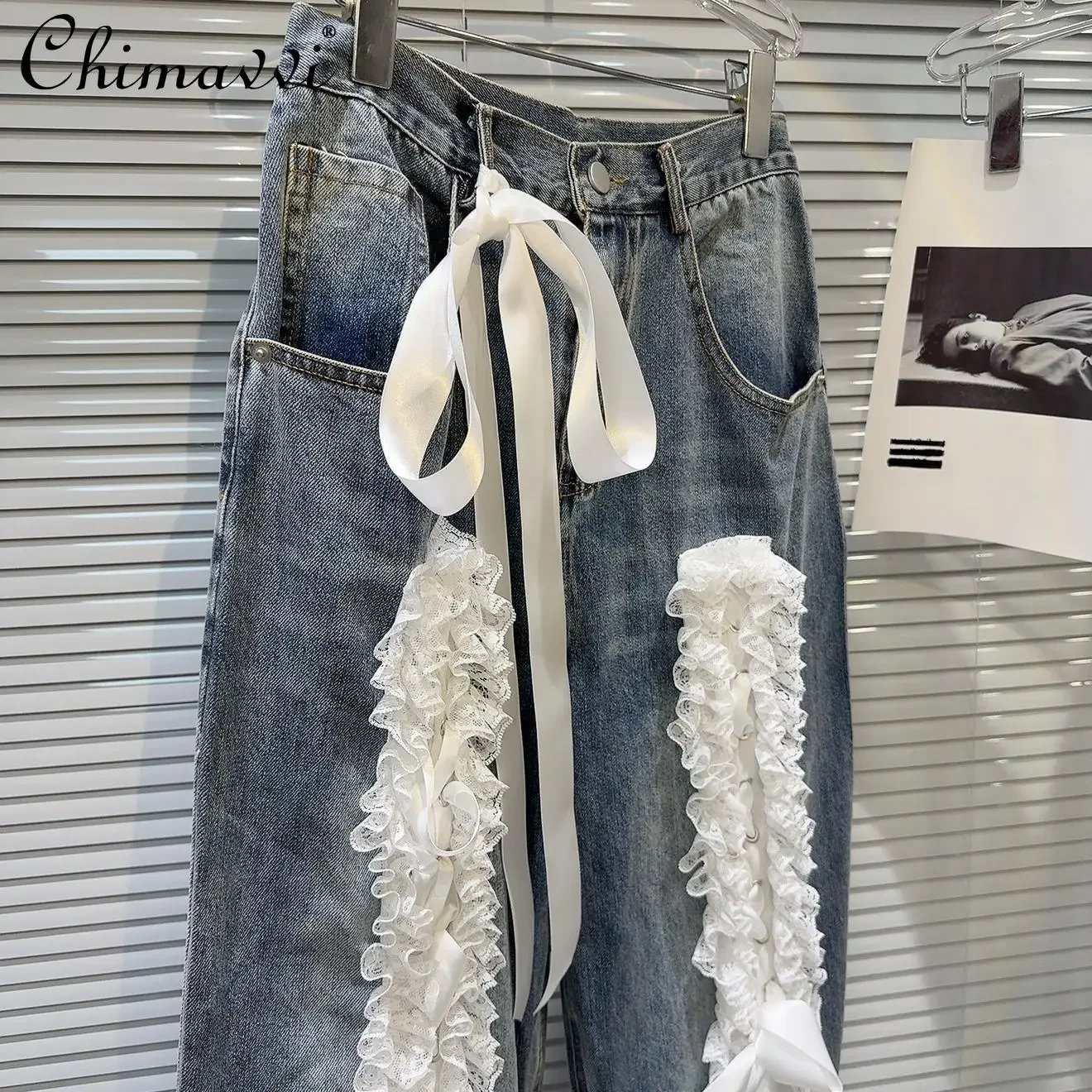 2024 Winter New Heavy Industry Bow Strap Lace Splicing Spice Girl Straight Jeans Women's High Street Elegant Loose Fashion Jeans