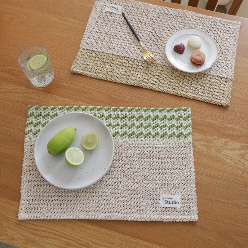 2PCS Color Blocked Woven Placemats Southeast Asian Style Home Dinner Mat, Wedding Party Desktop Decoration
