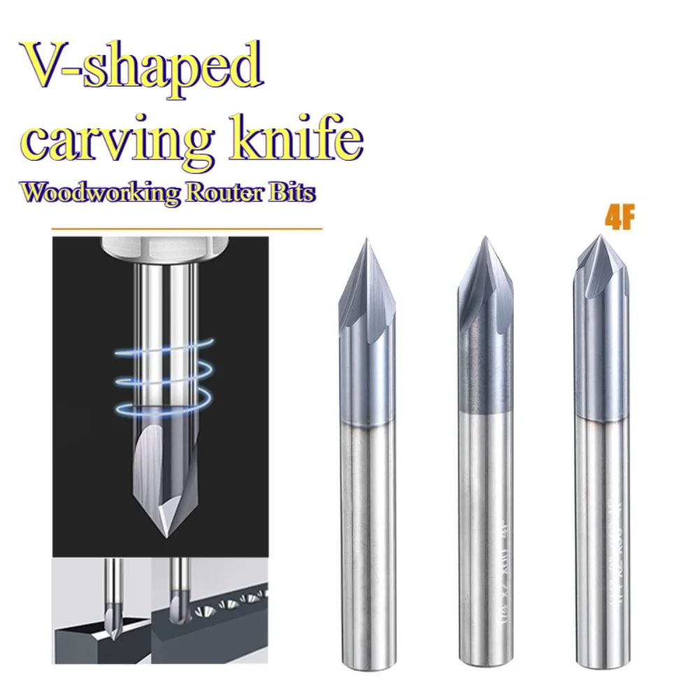 Solid Tungsten Carbide Chamfer Router Bit 3 Flute V Groove Milling Cutter for Metal Deburring, Engraving and Marking CNC Tools