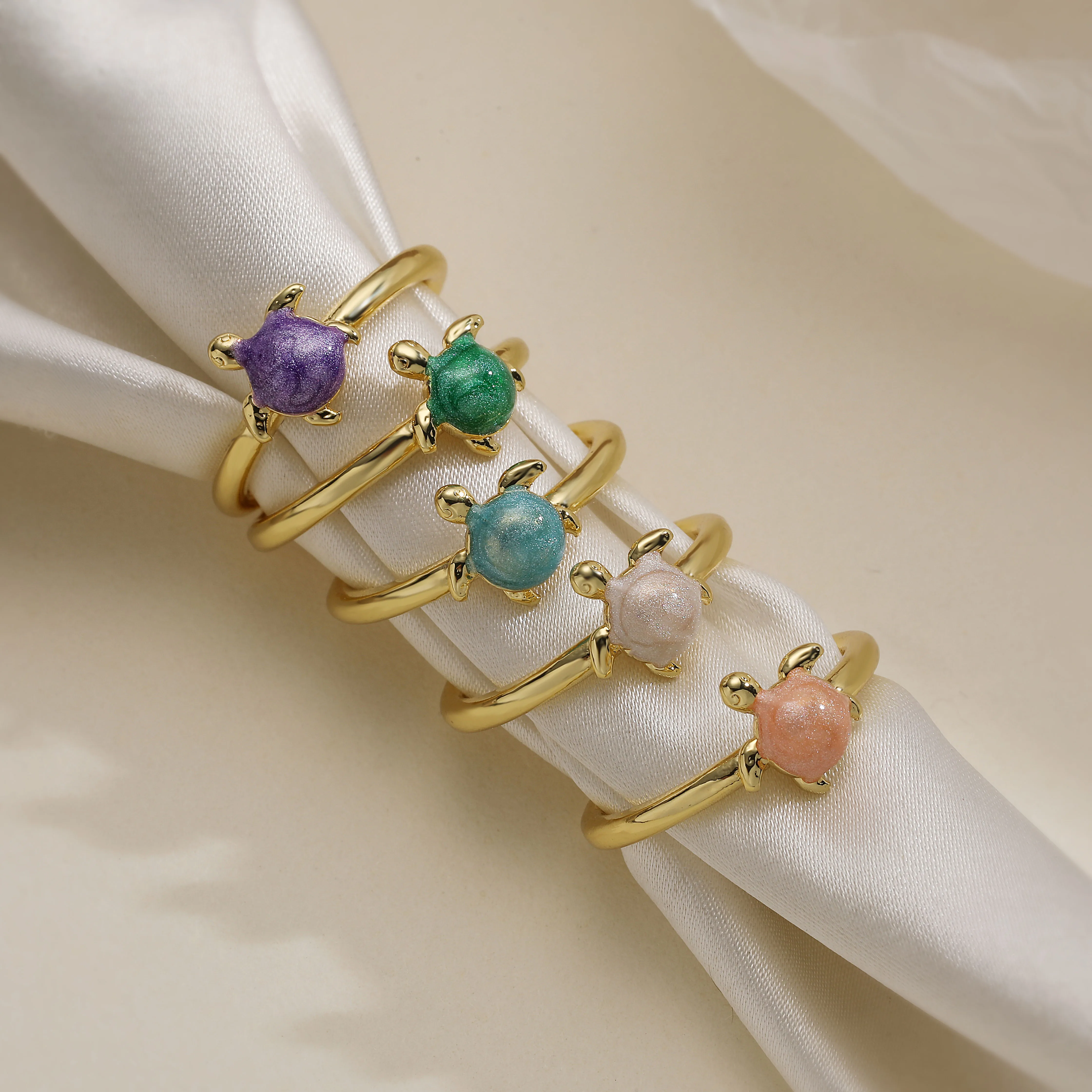 Colorful Jelly Small Turtle Enamel Droplet Glaze 18K Gold-Plated Brass Ring for Women Cute Style Opening Adjustable Jewelry