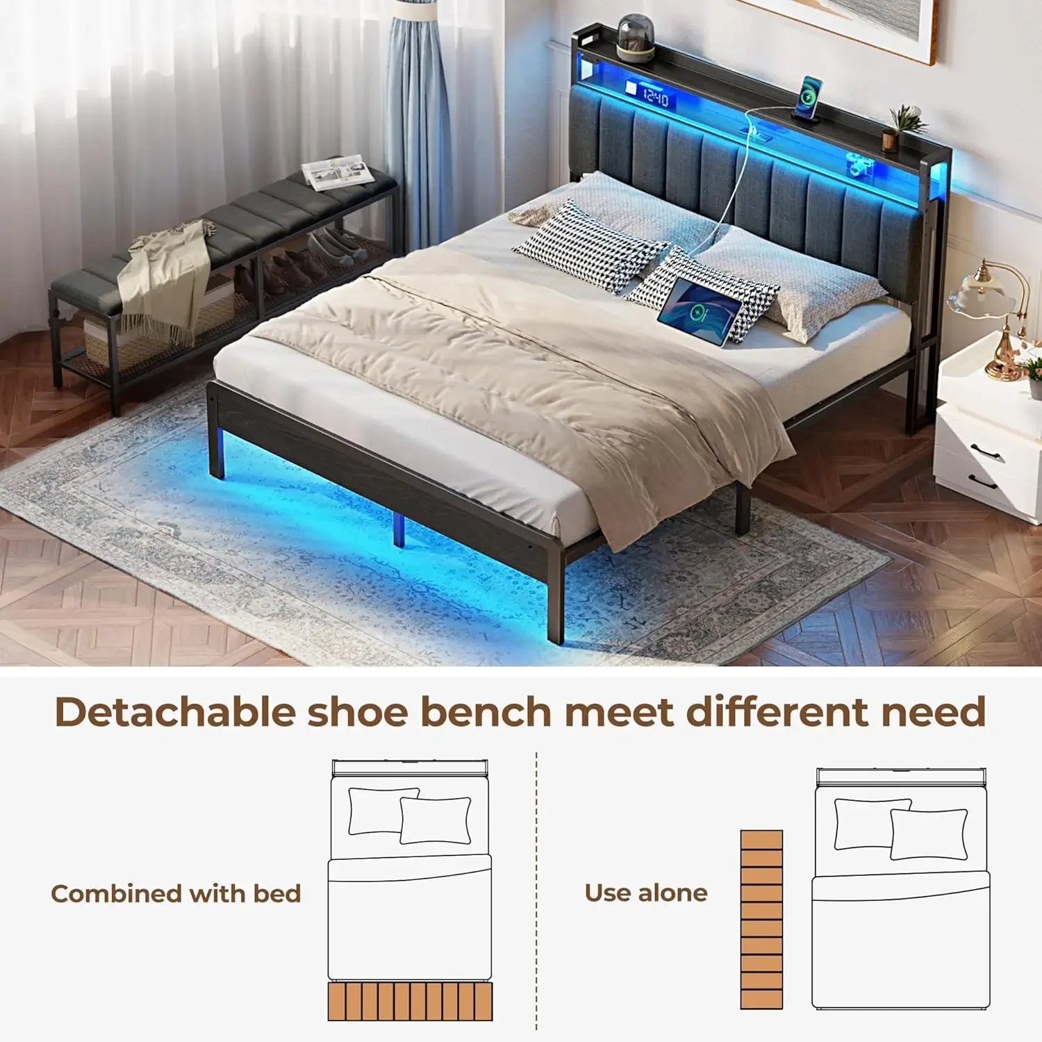 Estructura de cama completa con estación de carga y luces LED, cabecero tapizado con estantes de almacenamiento, listones de metal resistentes