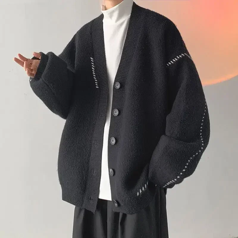 

Streetwear Man Sweater Coat White Knitted Sweaters for Men Japanese Retro Jacket Cardigan 90s Vintage Knitwears Korean Style