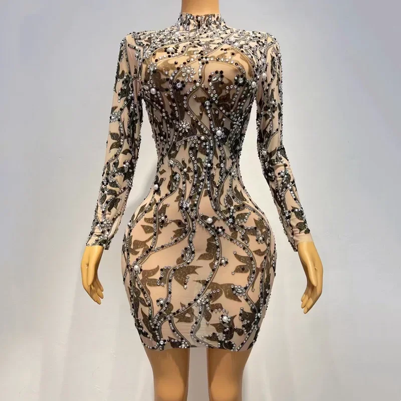 

Vintage Printing Mini Dress Long Rhinestones Bodycon Sleeve Stretch Tight Party Nightclub Short Dress Performance Stage Costume