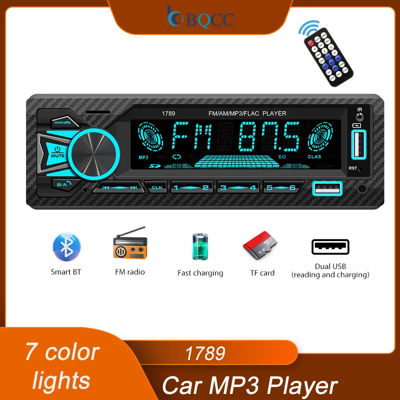 

BQCC 1 Din auto radio Mp3 with FM Dual BT AM USB RDS AUX TF supporting AI voice fast charging remote control 7 colorful lights