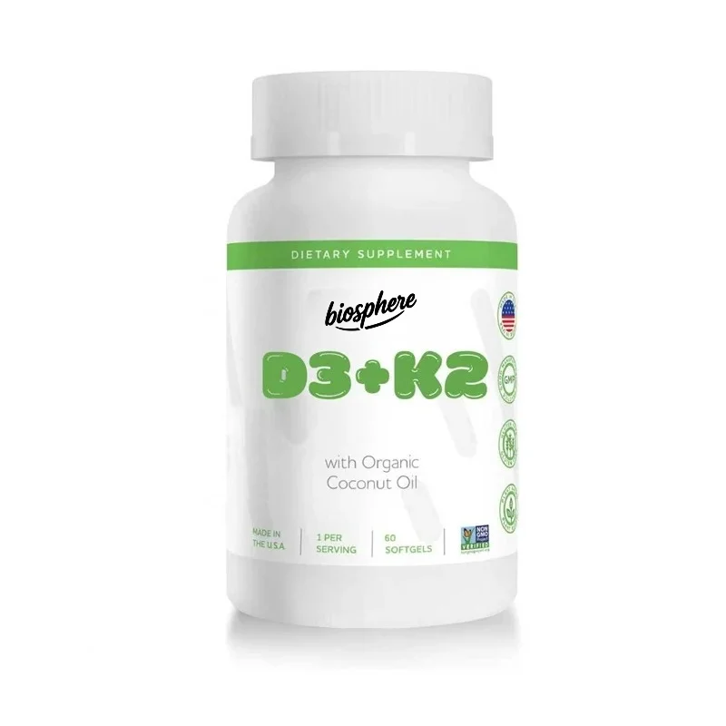 Vitamin D3+K2 contains organic coconut oil, enhances bone health, optimizes circulatory system, non GMO