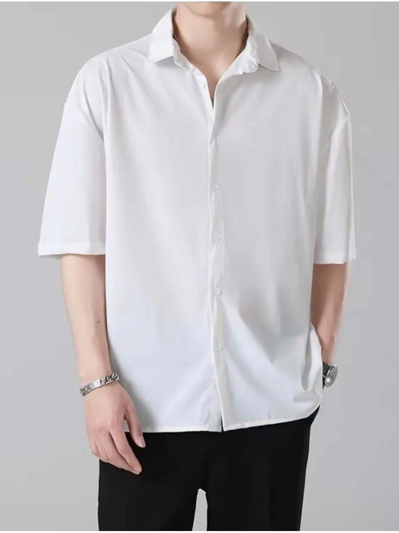 Korean Style Men's Casual Loose Short Sleeve Shirt Thin Standard Fit Polyester Youth Fashion All Seasons Printed A-Line Sleeve