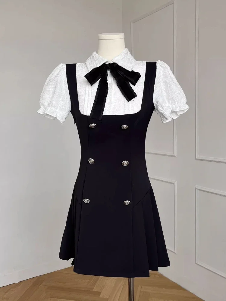 Japanese Preppy Style Elegant Dress Women Bow Y2k Vintage Chic Fake Two Piece Dress Female France Princess Retro Clothes 2024