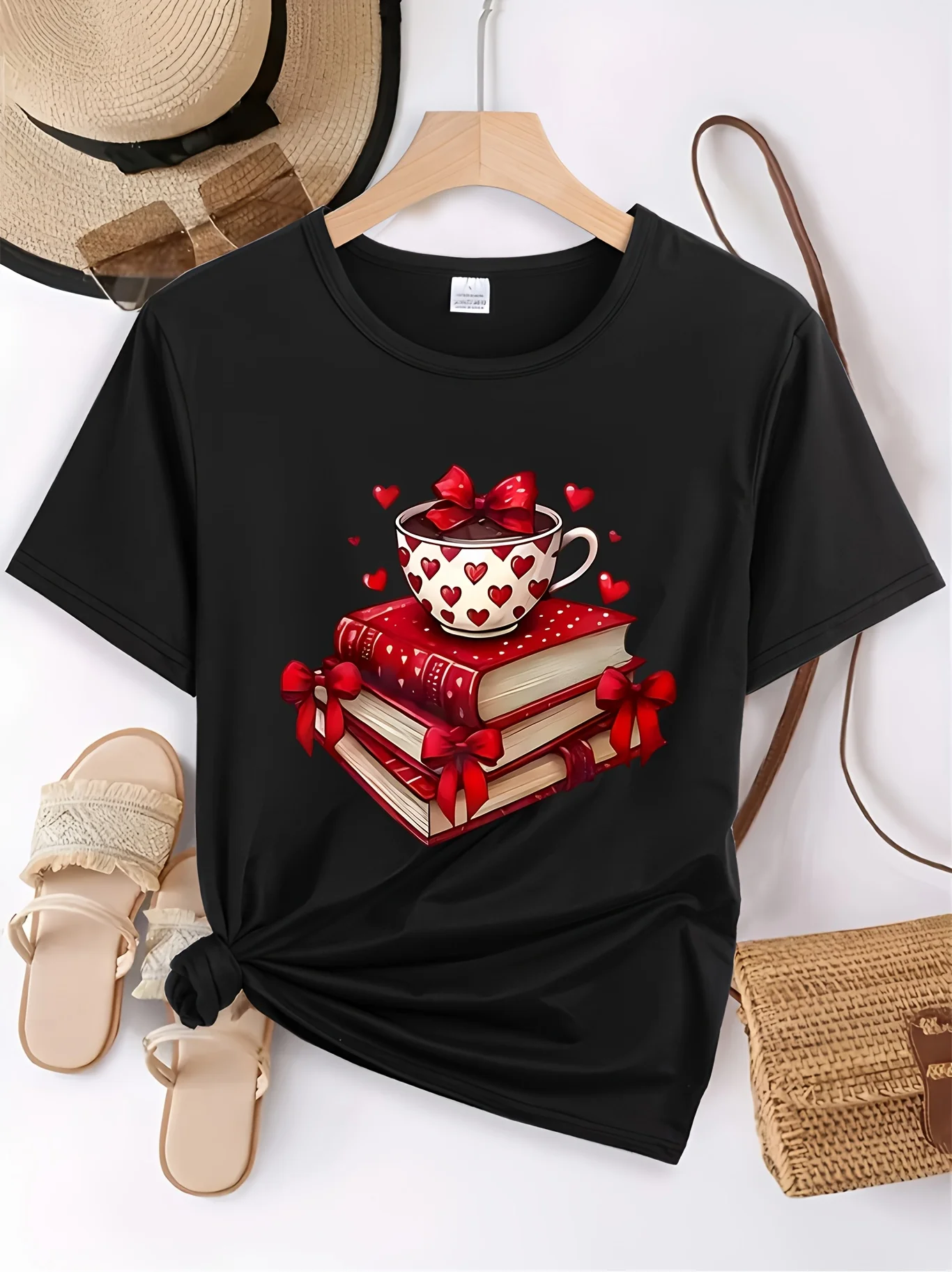 Women's Elegant Christmas Themed TShirt Short Sleeve Crew Neck Festive Tea Party Design Top Spring Summer Season Graphic Tshirts