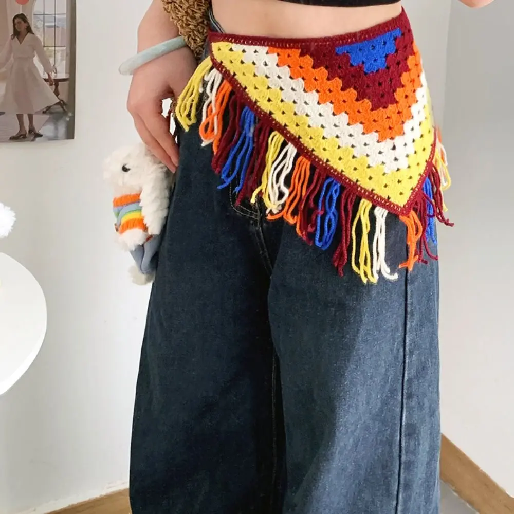 

Retro Bohemian Turban Knitted Triangle Headscarf Cummerbund Shawl Ethnic Style Waist Band Colorful with Fringe Hip Scarf Summer