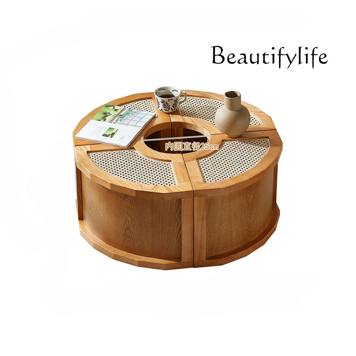 

Nordic Solid Wood Rattan Tea Table Living Room Home Small Apartment round Japanese Simple Modern Creative