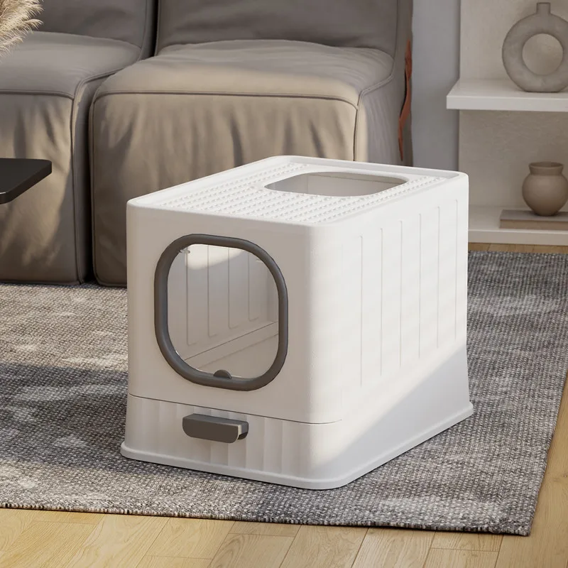 Caja de arena plegable cerrada para gatos, anti salpicaduras