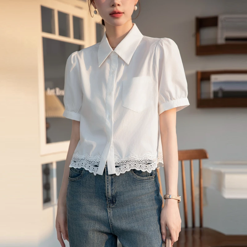 

2025 New Fashion Elegant French Style Lace Patchwork Short Shirt Short Sleeve Summer White Blouse Office Lady Base Tops Shirt