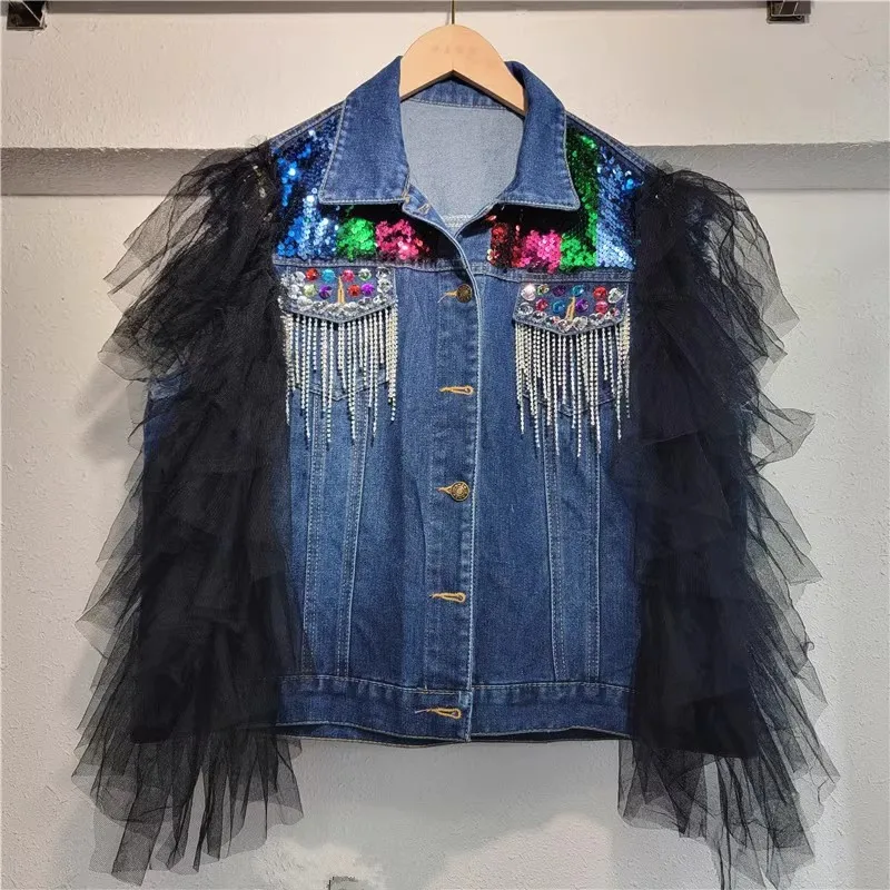 

2024 Street Fashion Mesh Sleeve Stitching Denim Vest Women Spring Summer New High Quality Diamond Sequins Loose Top Coat Trendy