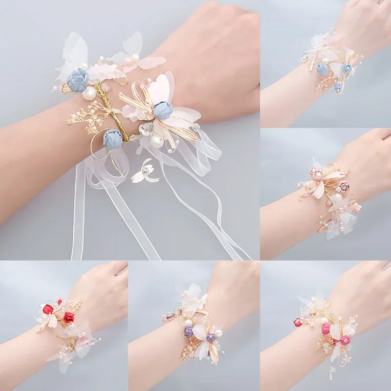 Bridal Crystal Pearls Ribbon Wrist Flower Handmade Flower Butterfly Bracelet Girls Bridesmaid Wedding Accessories