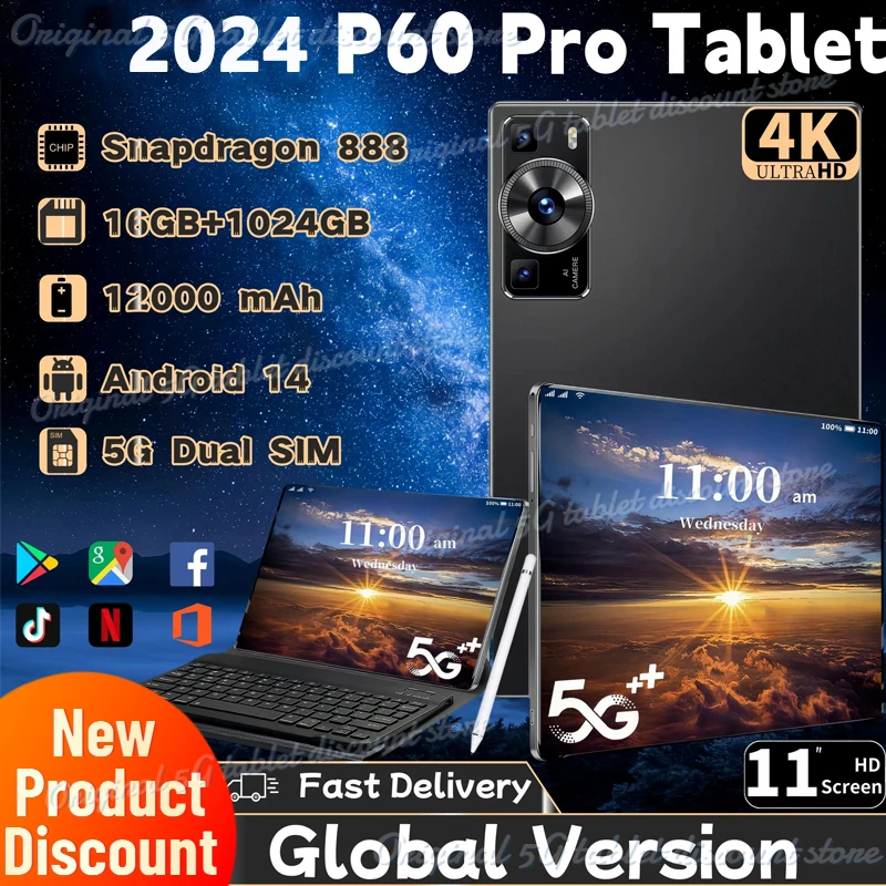 

2024 HOT Global Version Original P60 Pro Tablet Android 14 16GB+1TB 11 Inch Snapdrago 888 5G Dual SIM Card WIFI HD 4K Mi Tablet